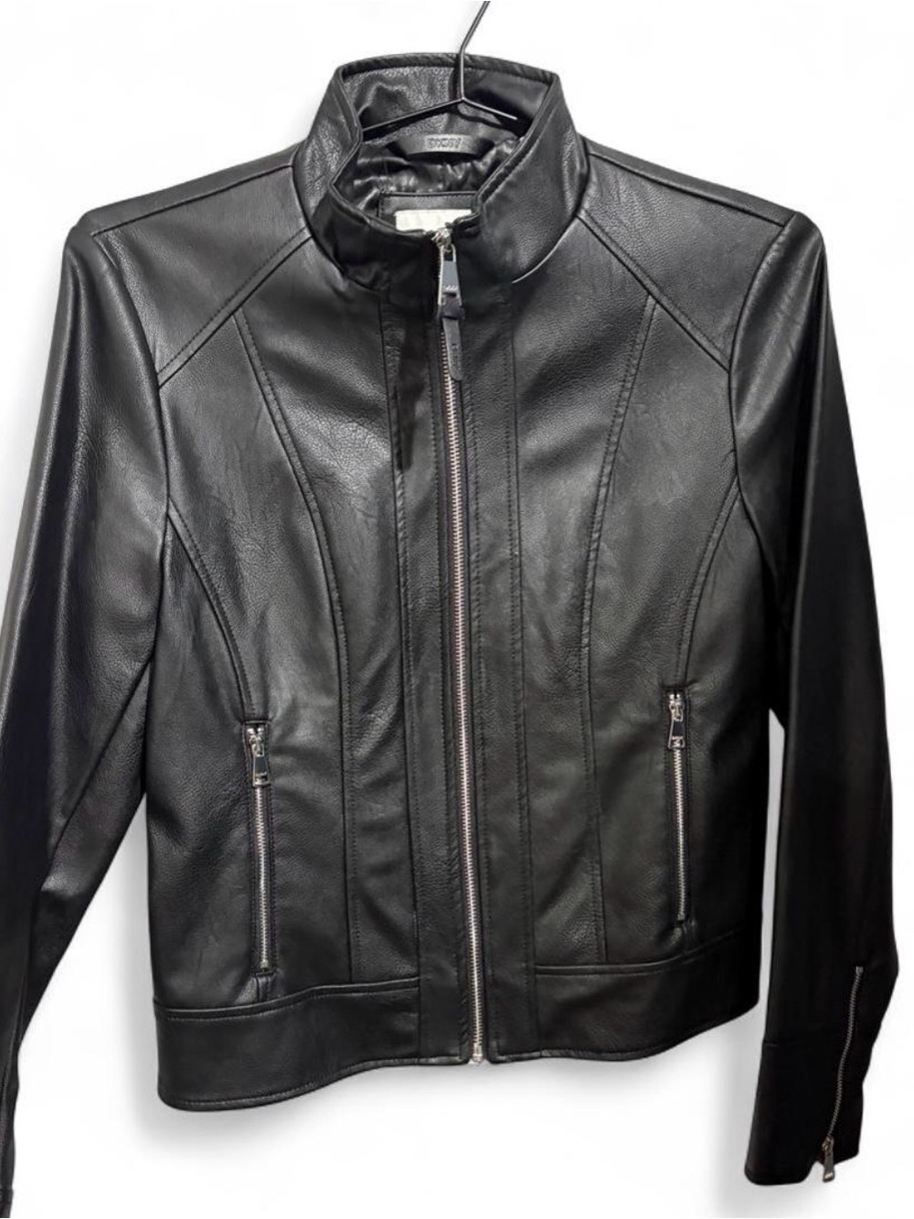 DKNY Black Faux leather Zip-Front Jacket - Classic Women's Coat Blazer Moto